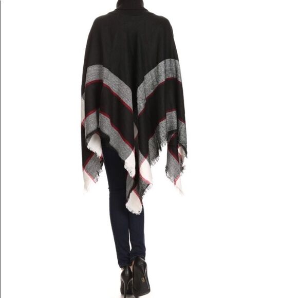 New Plaid Black & Grey Knit Poncho Oversized Comfy Lounge Turtleneck Preppy - Picture 5 of 5